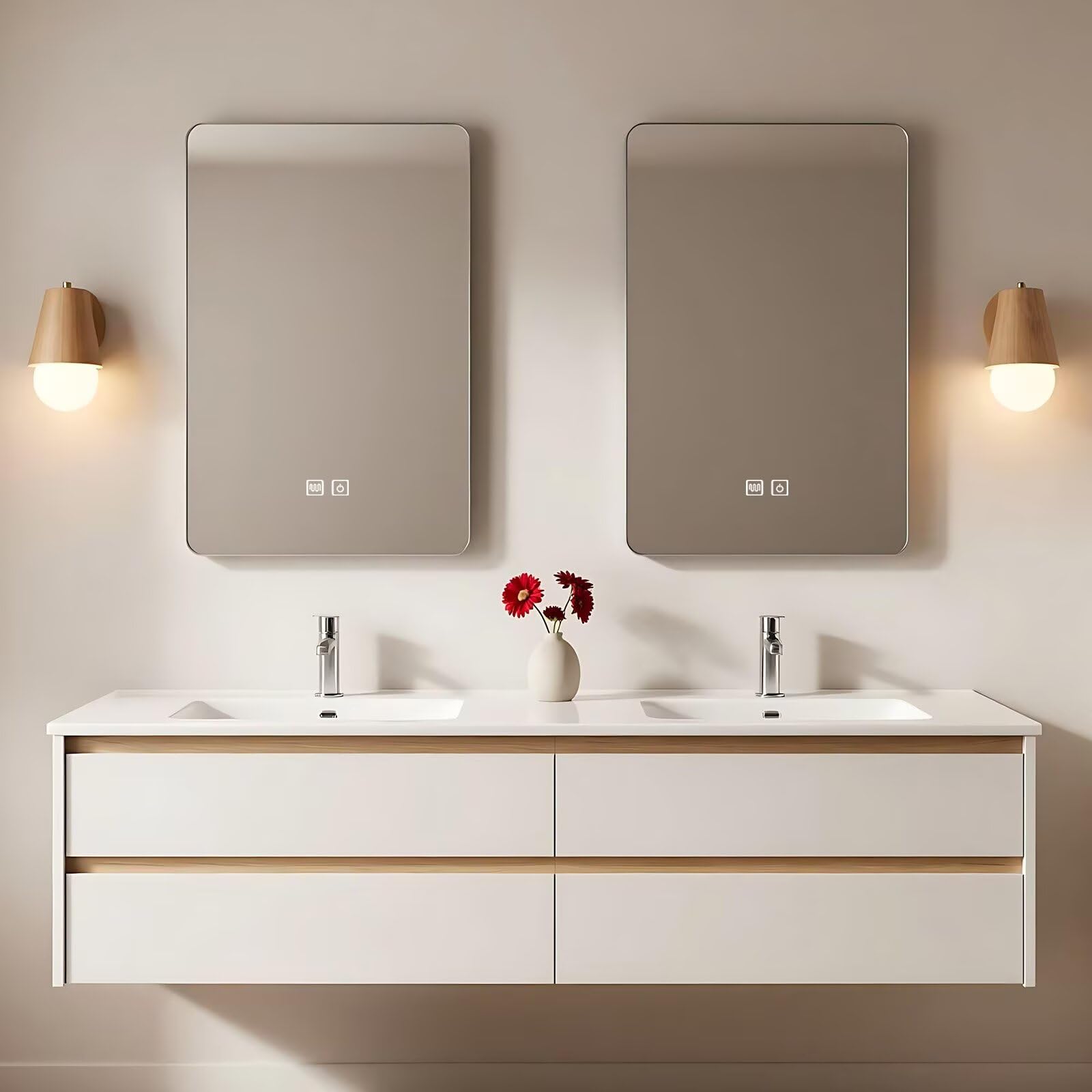 60”-84” Double Sink Floating Bathroom Vanity with 2 LED Mirrors, White Wall Mounted Vanity with Light Oak Accents
