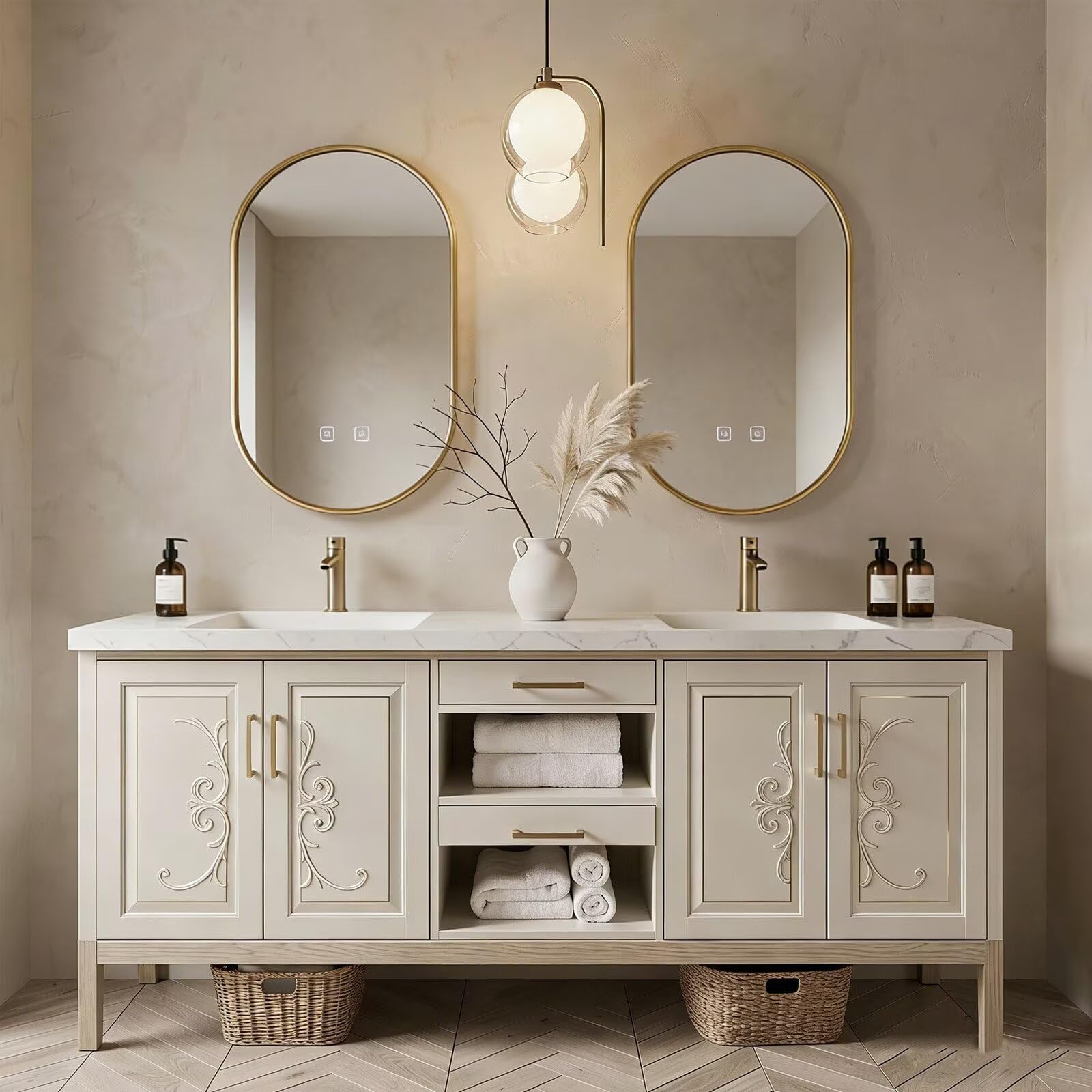 60"-96"Traditional Bathroom Vanity with Marble Top, Carved Doors & Storage