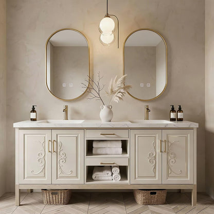 60"-96"Traditional Bathroom Vanity with Marble Top, Carved Doors & Storage