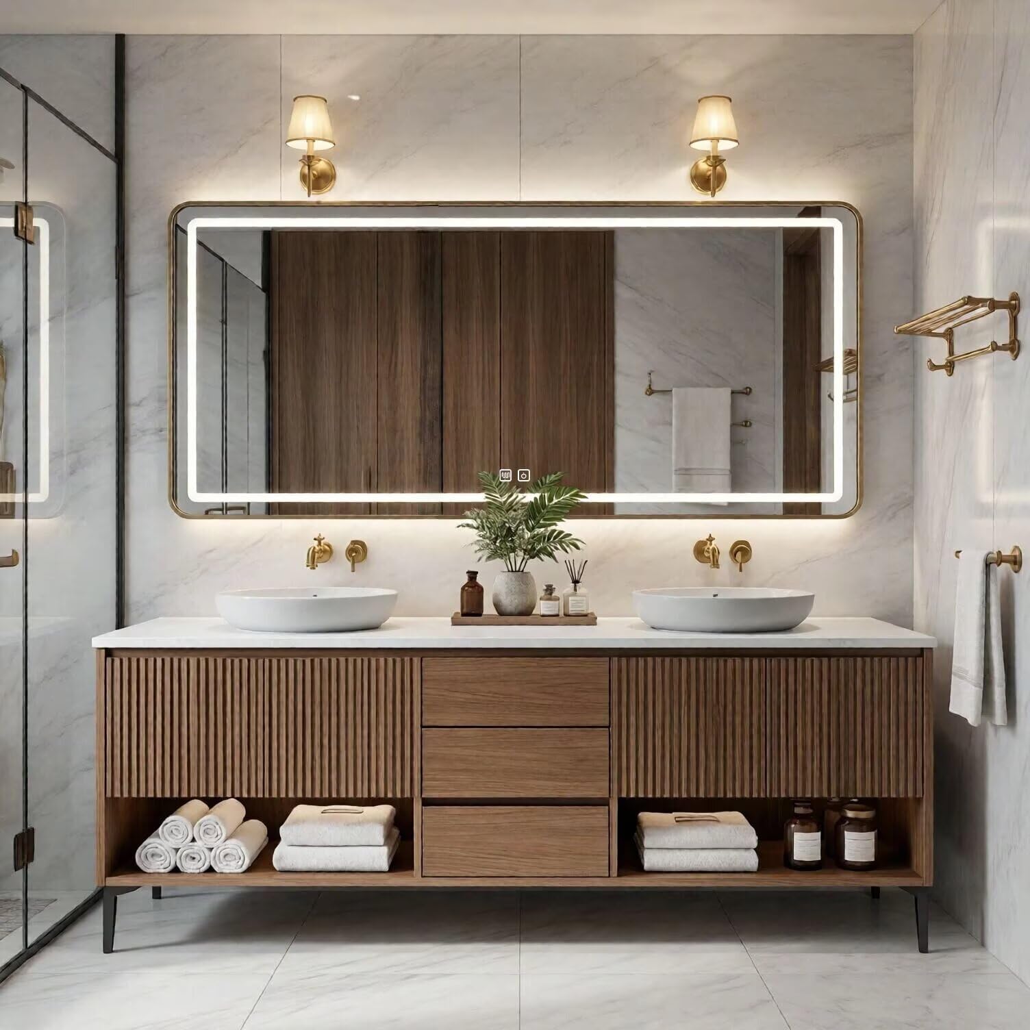60"-96"Wood Fluted Bathroom Vanity with Double Vessel Sinks & LED Lighted Mirror