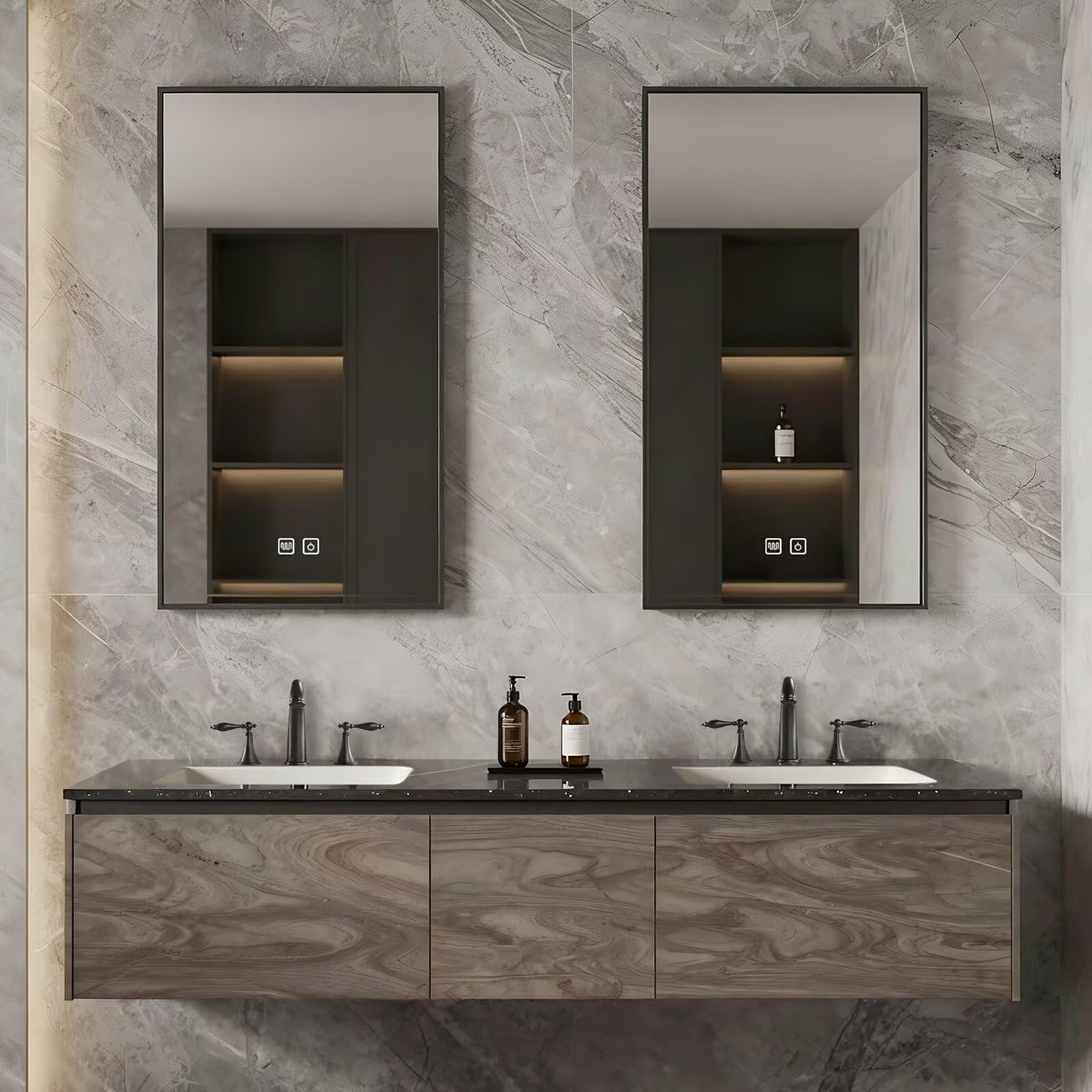 60”-84”Double Sink Floating Bathroom Vanity, Dark Wood Cabinet with LED Lighted Mirror Cabinets