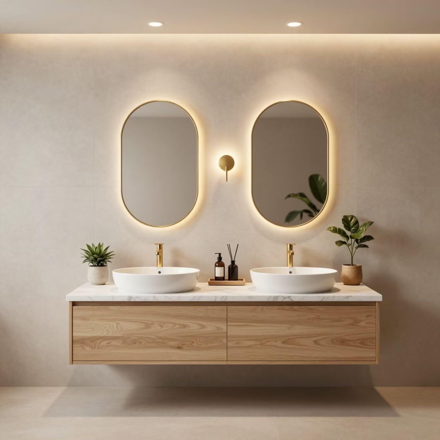 60"-84"Natural Oak Wall-Mounted Vanity with Marble Top & Soft-Close Storage Drawers