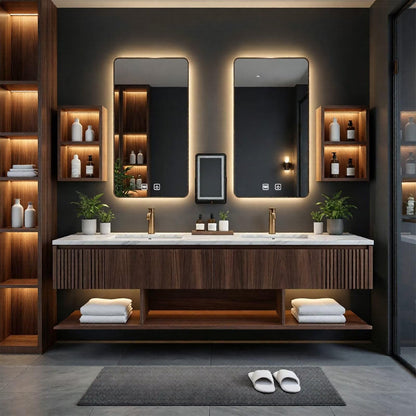60”-96” Modern Walnut Floating Bathroom Vanity with Double sinks, Fluted Panels & LED Lighted Medicine Cabinets