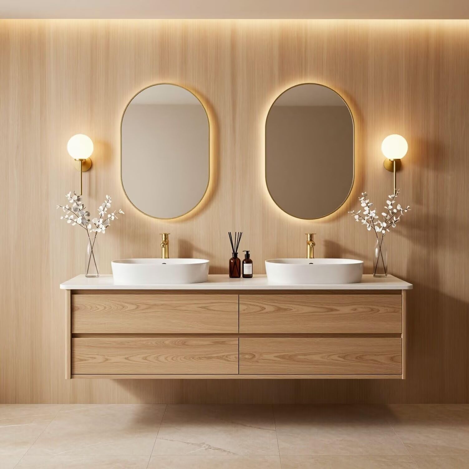 60"-84"Light Oak Floating Bathroom Vanity Set with Gold Mirrors & Handles