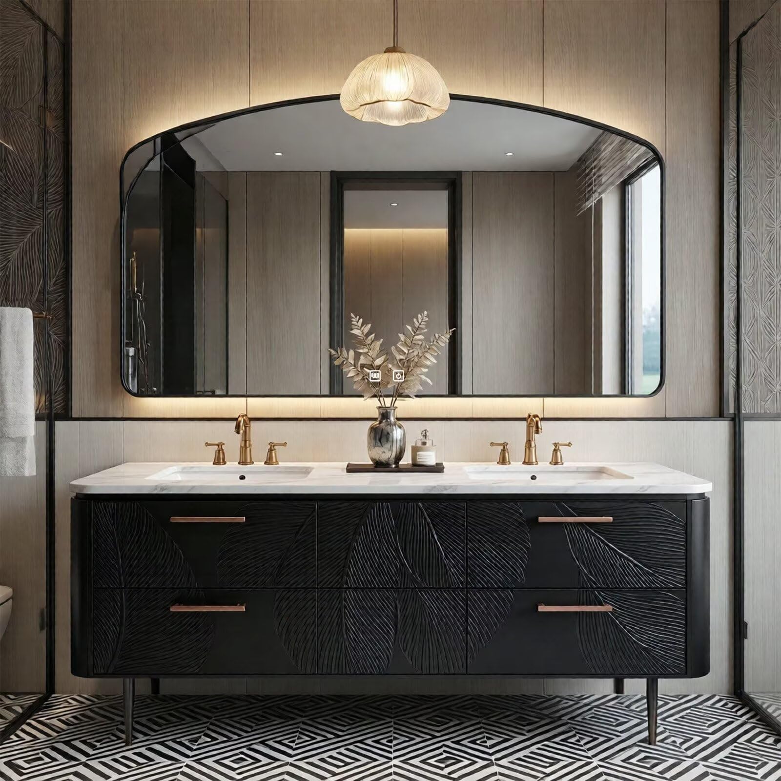 60”-112” Black Leaf-Carved Bathroom Vanity with Double Sinks & Marble Top