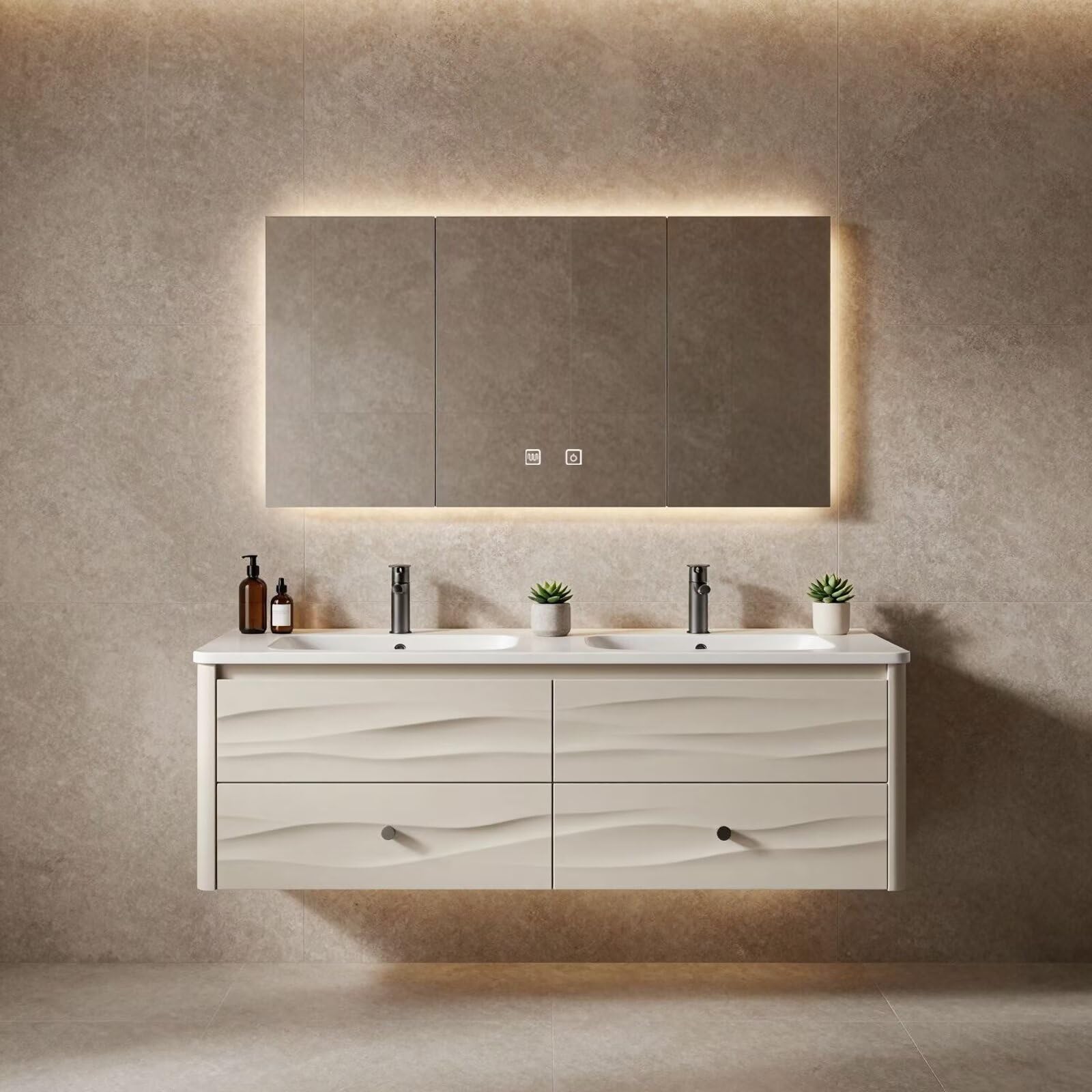 60”-84”Double Sink Floating Bathroom Vanity with LED Mirror Cabinet, White Textured Cabinet