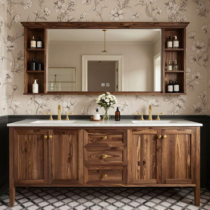 60”-96”Double Sink Freestanding Bathroom Vanity with Mirror & Storage Shelves, Solid Wood Vanity with Drawers & Doors, Modern Farmhouse Bathroom Cabinet