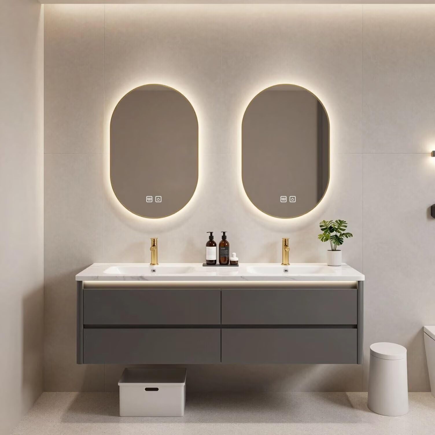 60"-84"Modern Floating Bathroom Vanity Set with LED Mirrors & Gold Handles