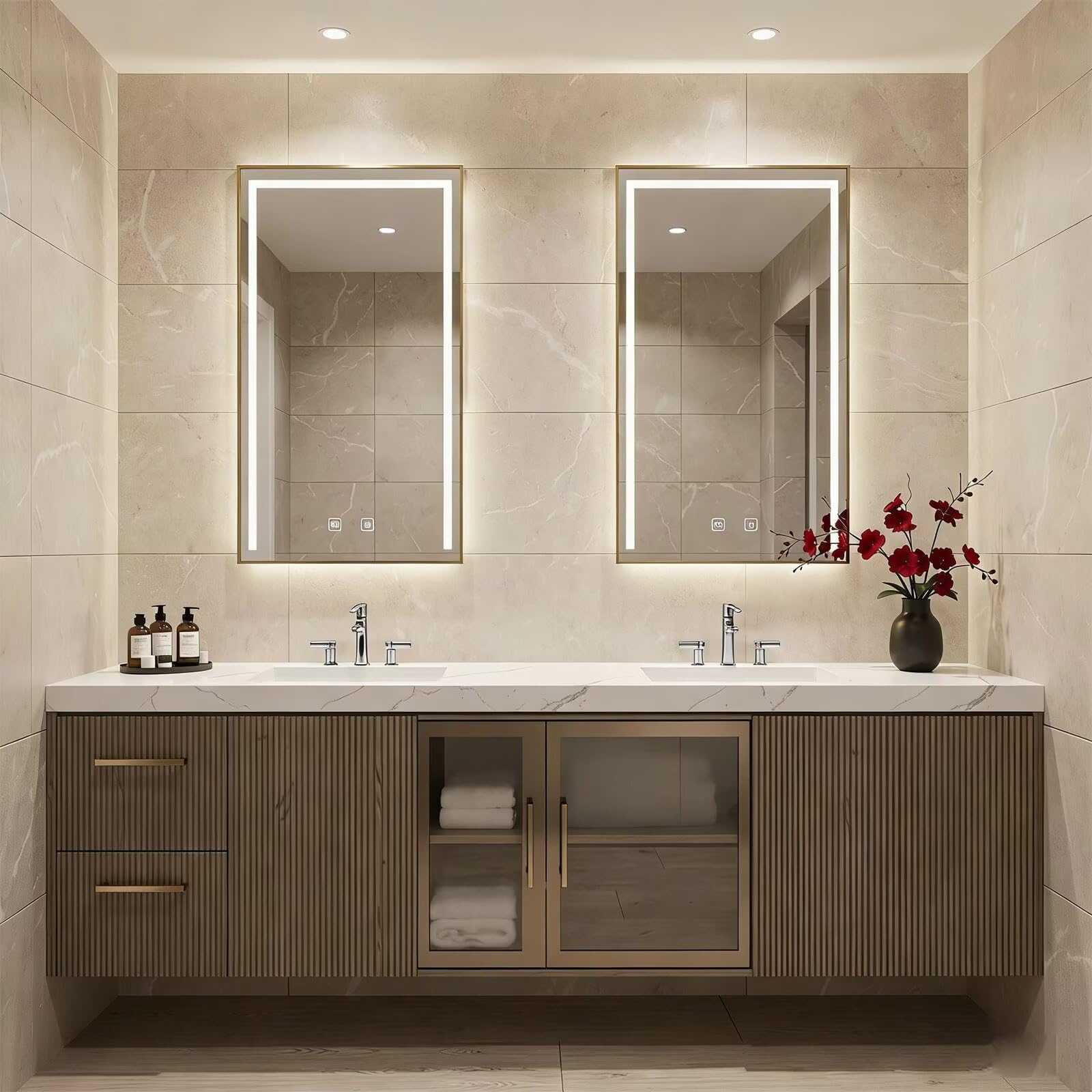 60"-96"Floating Bathroom Vanity with Double Sinks, LED Mirrors & Fluted Wood Finish