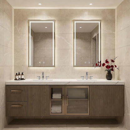 60"-96"Floating Bathroom Vanity with Double Sinks, LED Mirrors & Fluted Wood Finish