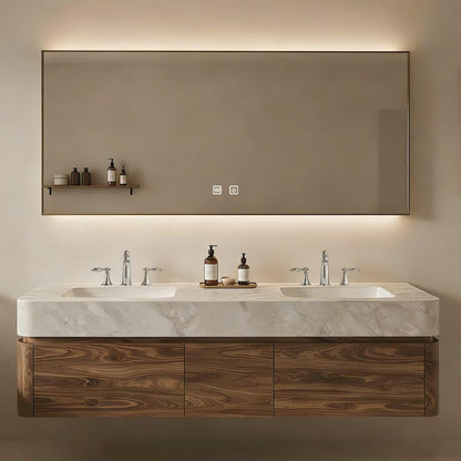 60”-84”Wall Mounted Double Sink Bathroom Vanity with LED Mirror, Wood Floating Cabinet with Marble Stone Top, Modern Minimalist