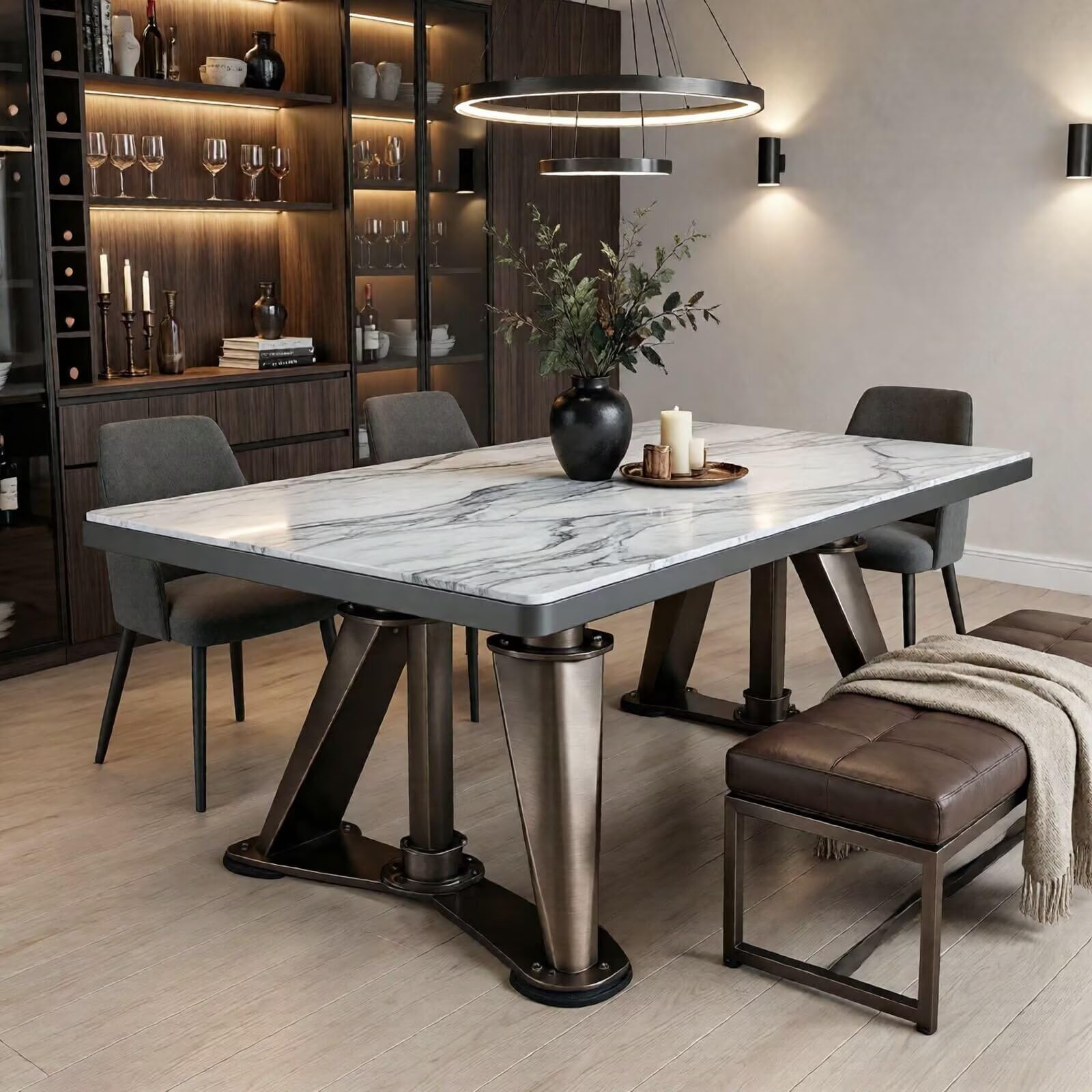56“-96”White Marble Dining Table with Antique Bronze Industrial Base