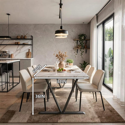 60"-80"White Marble Dining Table, Modern Rectangular Kitchen Table with Black Metal Base