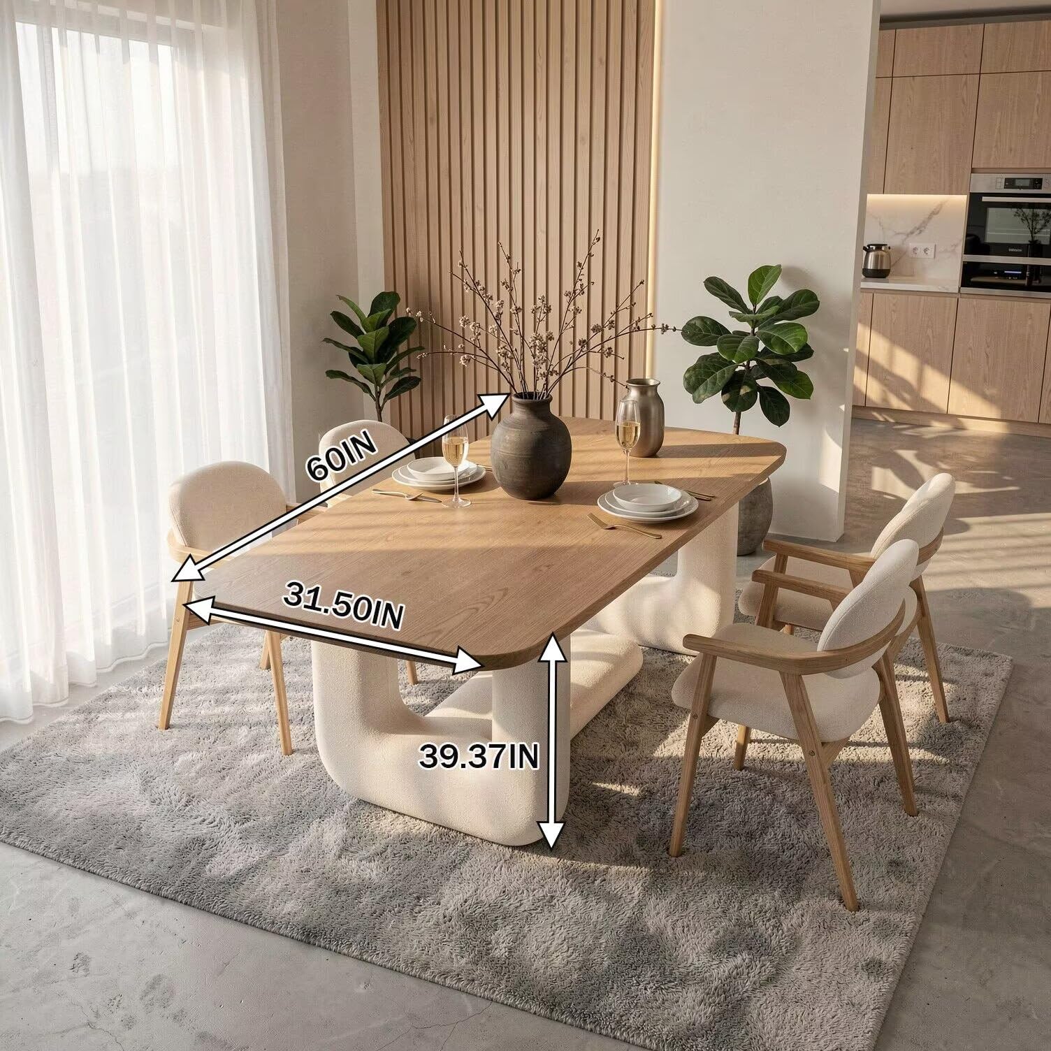 56"-88"Natural Wood Dining Table with Cream Boucle Base for 4-6 People