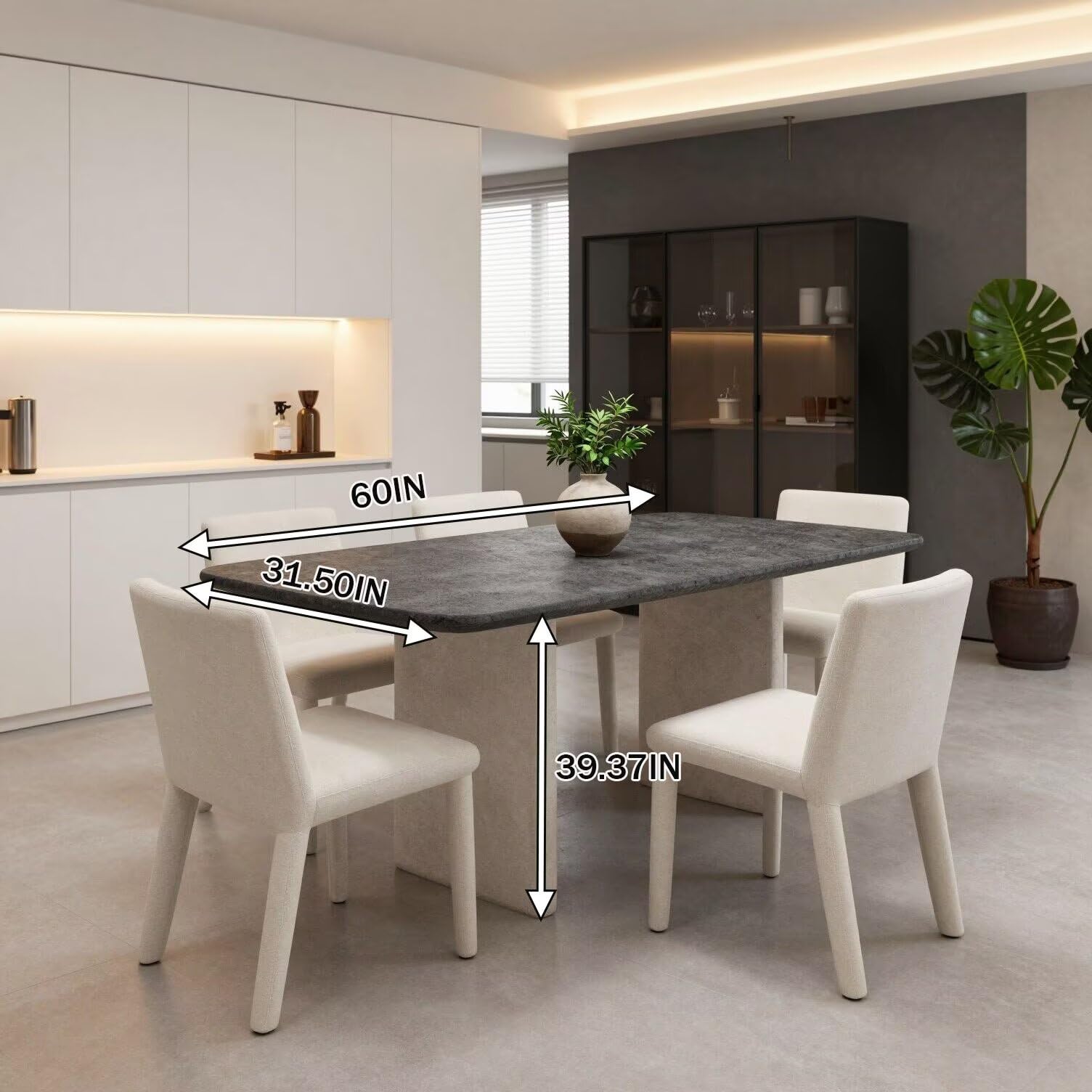 56"-88"Modern Rectangular Dining Table, Dark Stone Top with Concrete Pedestal Legs