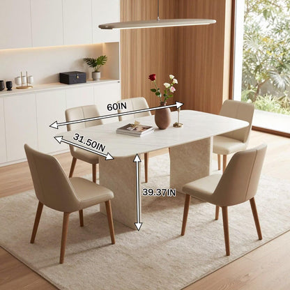 56"-88"White Marble Dining Table with Beige Stone Base for 4-6 People