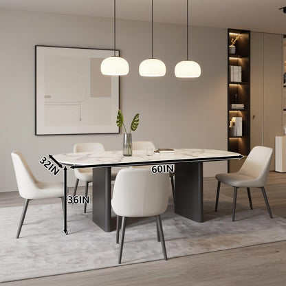 60"-80"White Marble Oval Dining Table, Modern Kitchen Table with Black Column Base