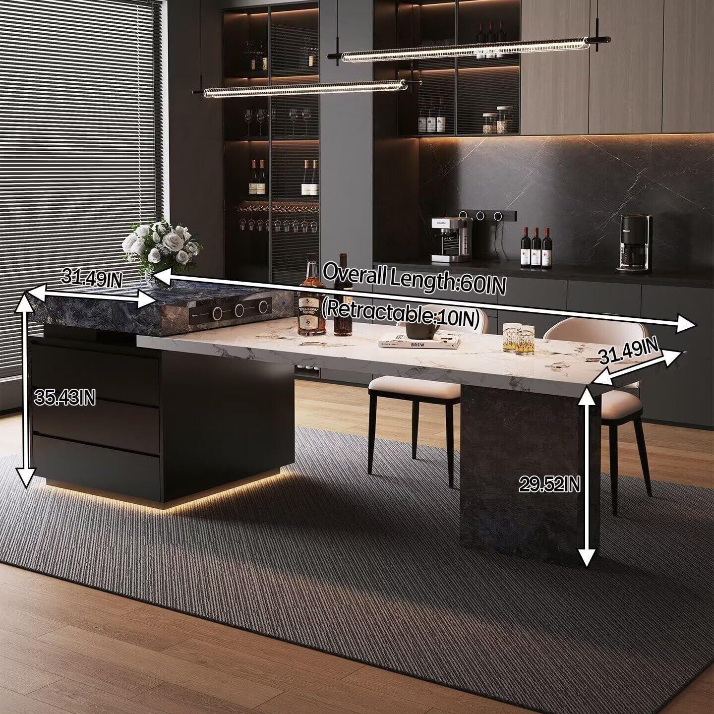 56"-96"Elegant 2-in-1 Marble Kitchen Island with Dining Table & Hidden Storage