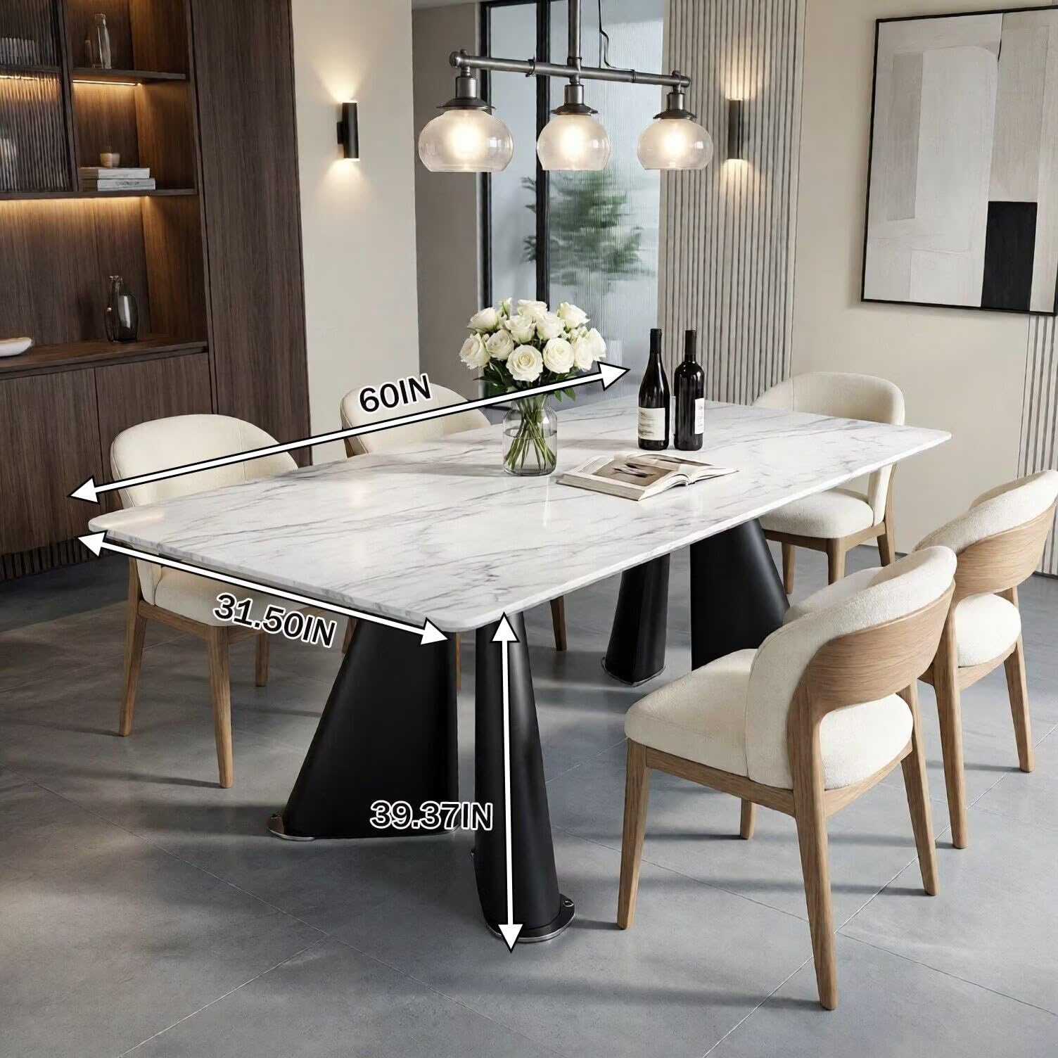 56"-88"White Marble Dining Table with Black Tapered Legs for 6 People