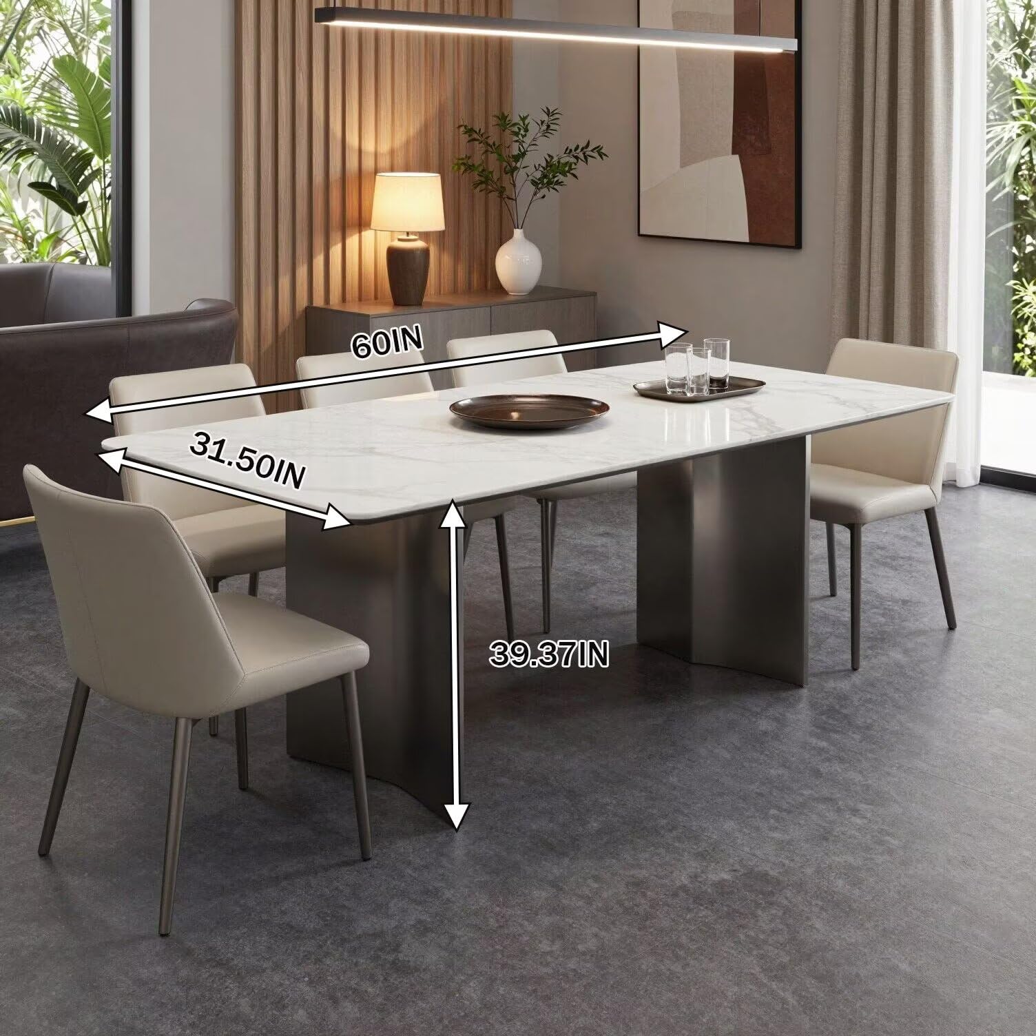 56"-88"Modern White Marble Dining Table with Dark Metal Base for 6 People