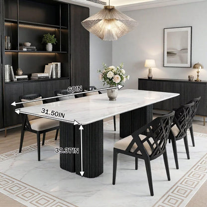 56"-96"White Marble Dining Table with Black Fluted Base for 6-8 People
