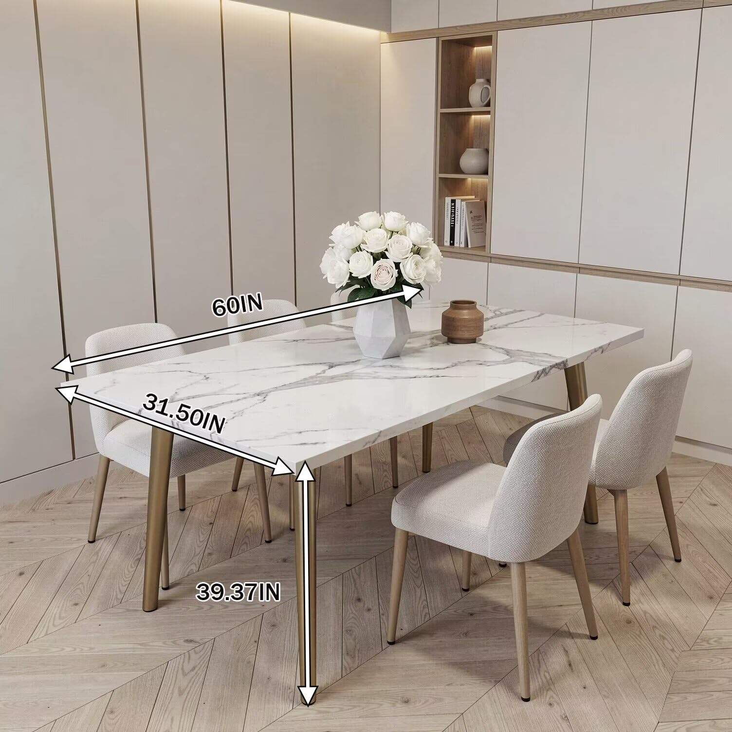 56"-88"Rectangular Sintered Stone Dining Table, White Kitchen Table with Marble Vein
