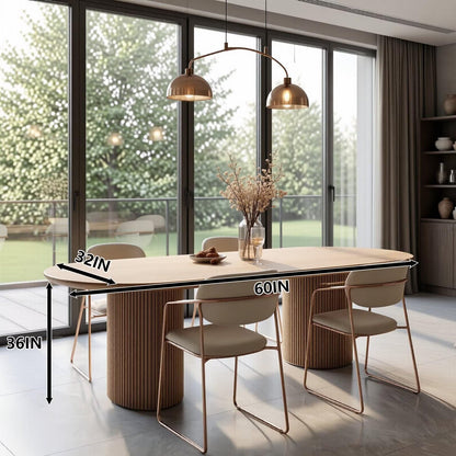 60"-80"Light Wood Oval Dining Table, Modern Kitchen Table with Fluted Column Base