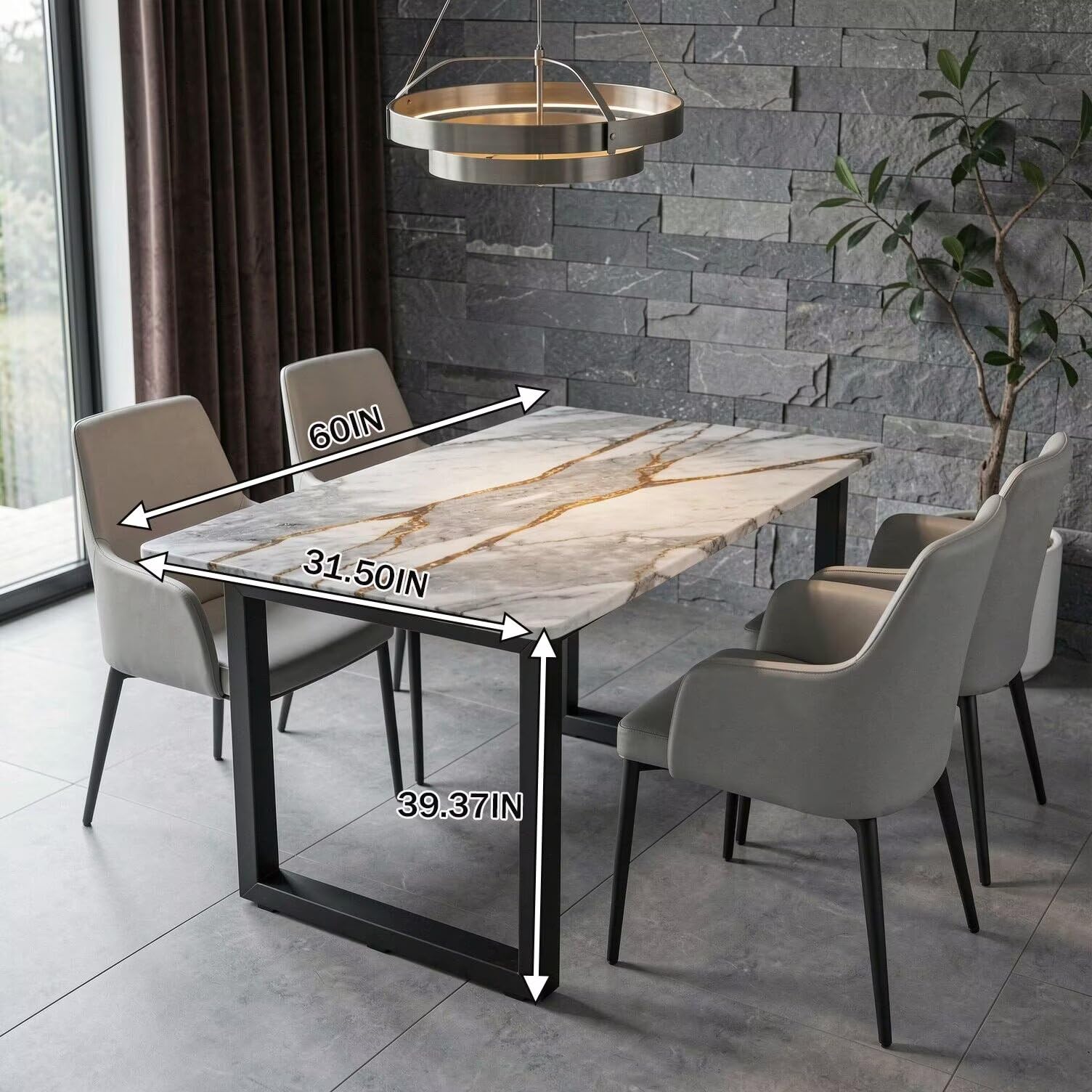 56"-88"Modern Rectangular Dining Table, Marble Top with Black U-Base