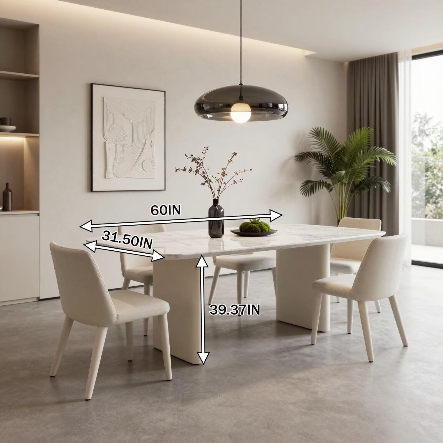 56"-88"Contemporary White Marble Dining Table with Cream Double Pedestal