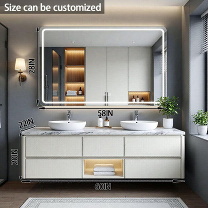 60"-84"Floating White Bathroom Vanity with Marble Top & LED Mirror, Double Vessel Sinks