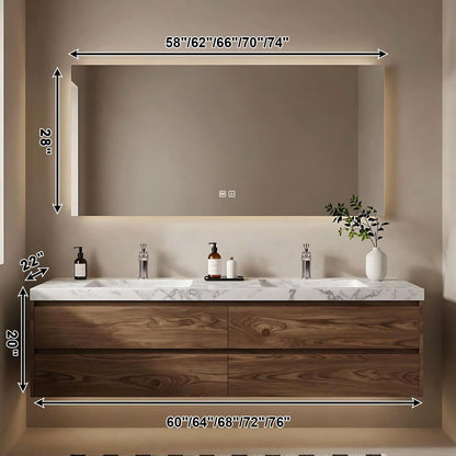 60”-84”Wall-Mounted Double Bathroom Vanity - Light Oak Wood Cabinet with White Stone Top & Gold Hardware