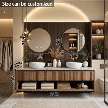 60"-84"Floating Oak Bathroom Vanity with Double Vessel Sinks & LED Round Mirrors