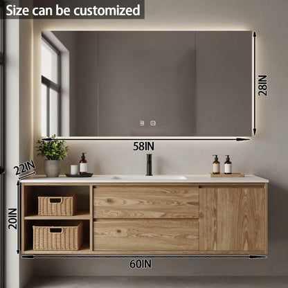 40"-64"Floating Oak Bathroom Vanity with Open Shelf & LED Backlit Mirror Cabinet