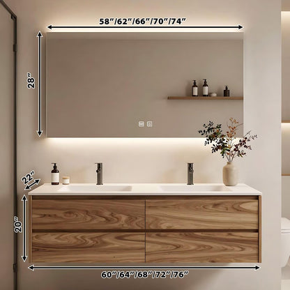 60”-84” Double Sink Floating Bathroom Vanity with LED Backlit Mirror, Wall Mounted Walnut Vanity with White Top & Storage