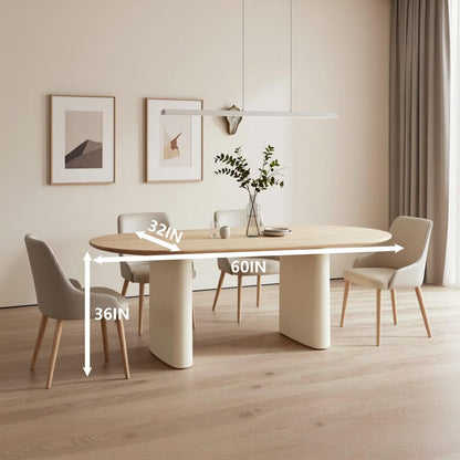 60"-80"Modern Oval Dining Table with Light Wood Top & Cream Base, Seats 4-6