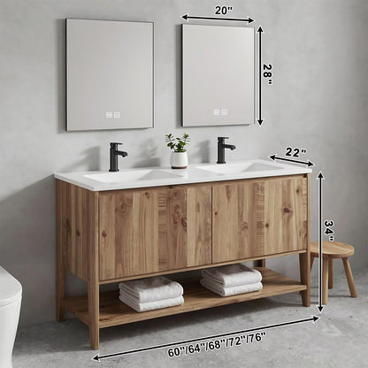 60”-84”Double Sink Freestanding Bathroom Vanity, Solid Teak Cabinet with Open Shelf & LED Mirrors