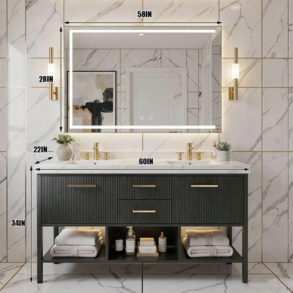 60"-96"Modern Bathroom Vanity with Gold Hardware, Open Shelves & LED Light