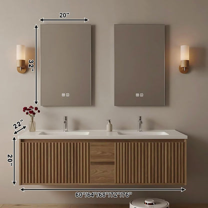 60”-84”Double Sink Floating Bathroom Vanity, Fluted Oak Cabinet with LED Backlit Mirrors