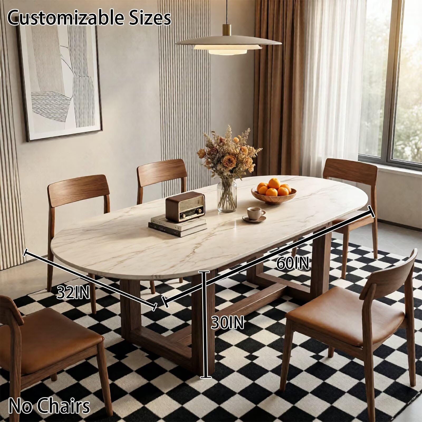 56“-96”Modern Oval Marble Dining Table, Contemporary Table with Sturdy Wood Legs