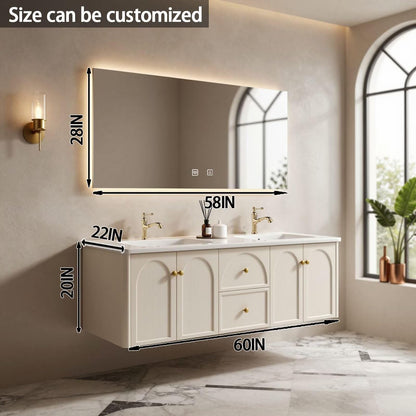 60"-84"Floating Cream Bathroom Vanity with Marble Top & LED Backlit Mirror
