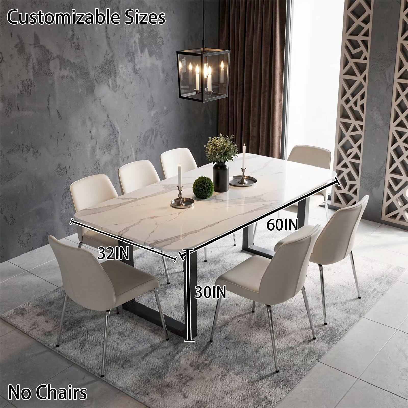 56"-96"Modern White Marble Dining Table, Sleek Rectangular Table with Sturdy Metal Legs