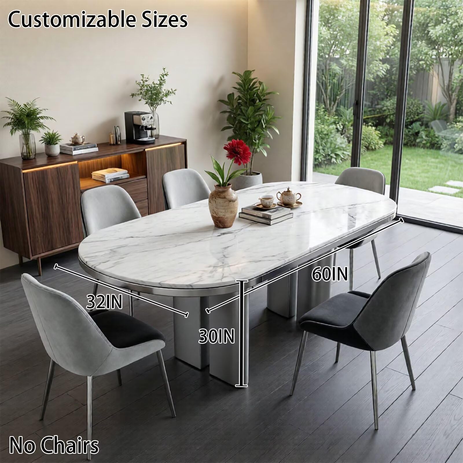 56"-96"Modern Oval White Marble Dining Table, Contemporary Table with Sleek Metal Legs
