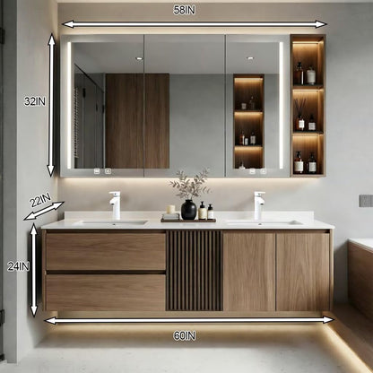 60”-96” Light Oak Floating Bathroom Vanity with Double Sinks & LED Mirror Cabinet