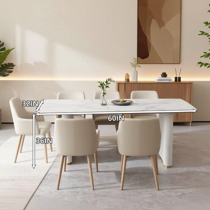 60"-80"Modern Rectangular White Sintered Stone Dining Table with Fluted Base, Seats 6