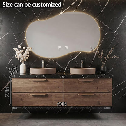 60"-84"Floating Wood Bathroom Vanity with Double Vessel Sinks & Irregular LED Mirror