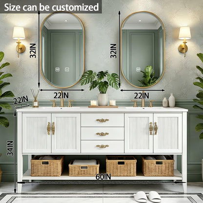 60”-84”Double Sink Freestanding Vanity with Gold Oval Mirrors, White Cabinet & Marble Top