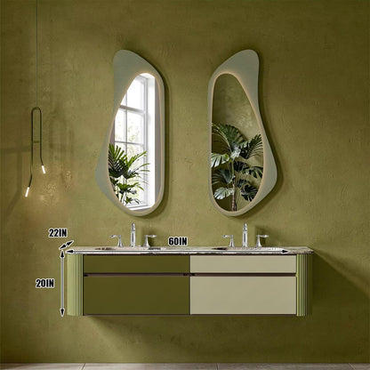 60"-96"Modern Wall-Mounted Bathroom Vanity with Marble Top & Fluted Side Panels