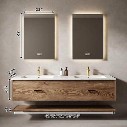 60”-84”Double Sink Floating Bathroom Vanity with 2 LED Backlit Mirrors, Wall Mounted Oak Vanity with Marble Top & Open Shelf