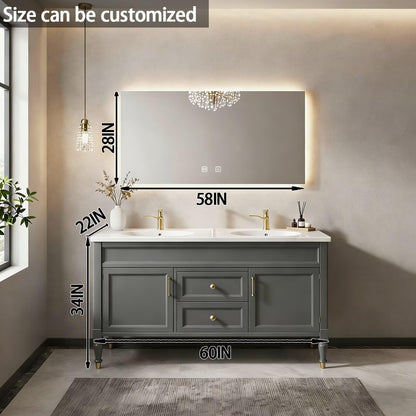60"-84"Freestanding Gray Bathroom Vanity with Double Sinks & LED Mirror