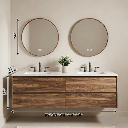 60”-84”Walnut Wood Floating Bathroom Vanity with Double Sink, Modern Wall-Mounted Vanity with LED Backlit Round Mirrors & White Stone Top